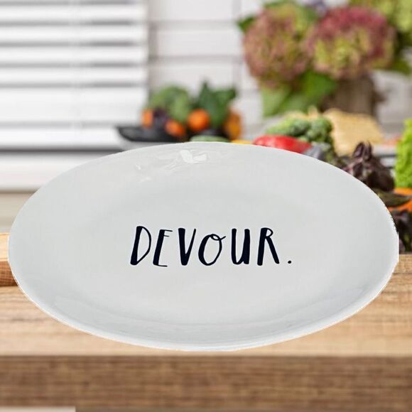 NWT Gorgeous Rae Dunn Ceramic White with black letters Devour 8” Oval Plate - Picture 1 of 12